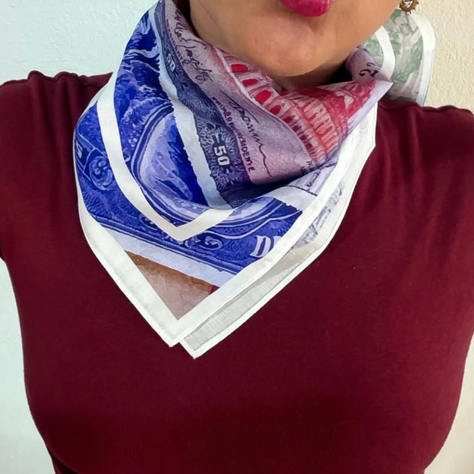 Woman wearing the Bolivar V2 bandana by Caracas Merch